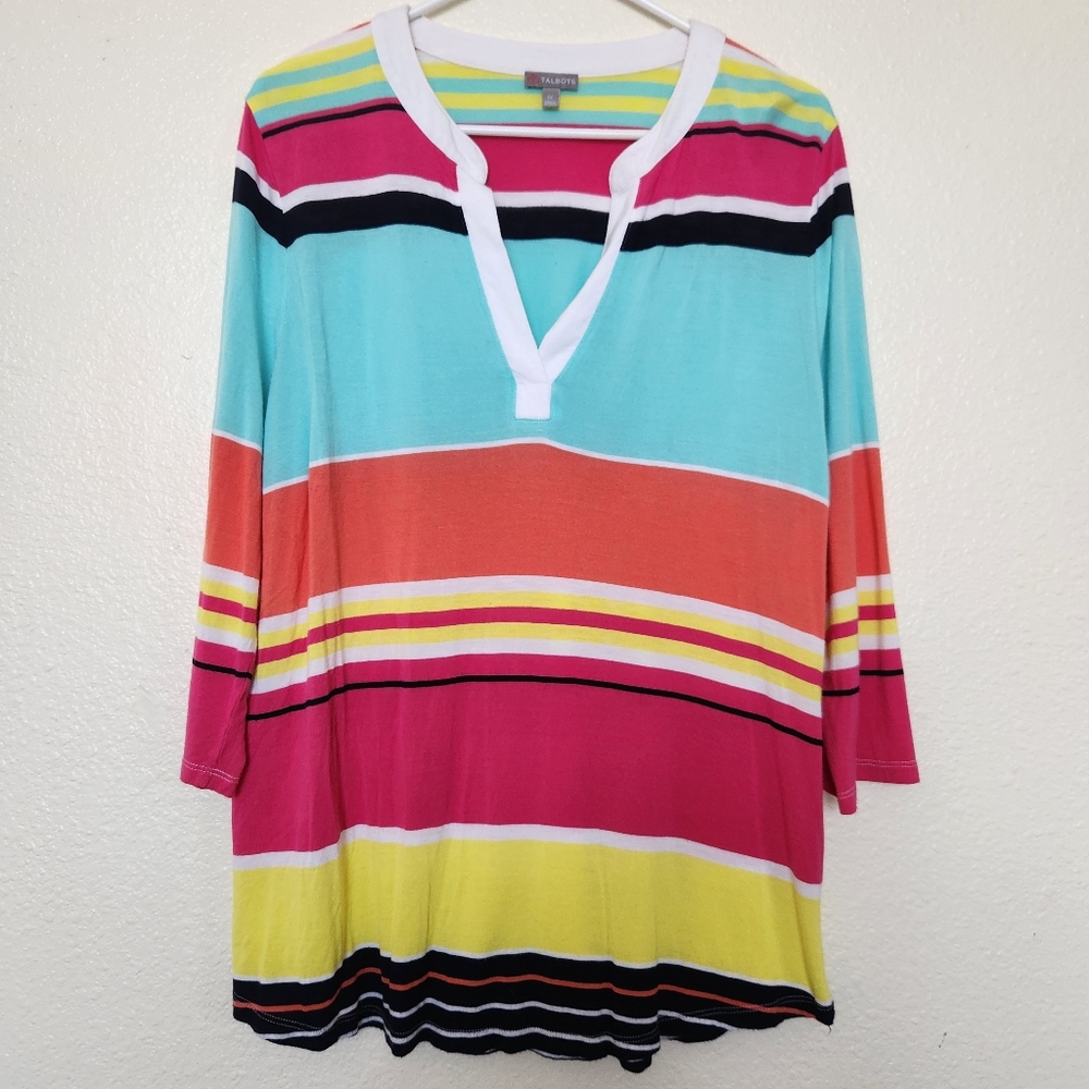 🔥Talbots Multicolor Striped Tunic Top 3/4 Sleeves V-Neck Size 1X